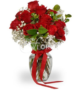bouquet of red roses with babys breath